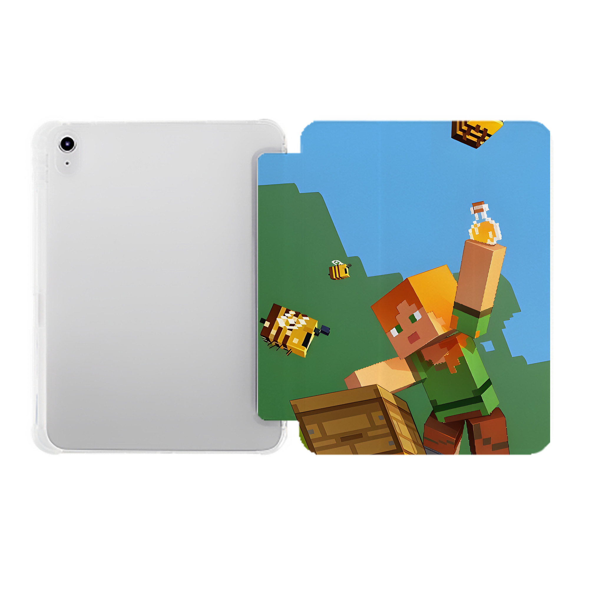 （画像用） マインクラフト ブロックの世界 Minecraft MC Block world IPad ケース ペン収納付き 三つ折りスタンド PUレザー×シリコン 対応機種9.5/10.5/10.9インチ